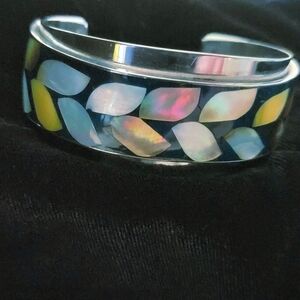 Huge Inlaid Abalone Rhodium Silver Vintage Bangle Bracelet